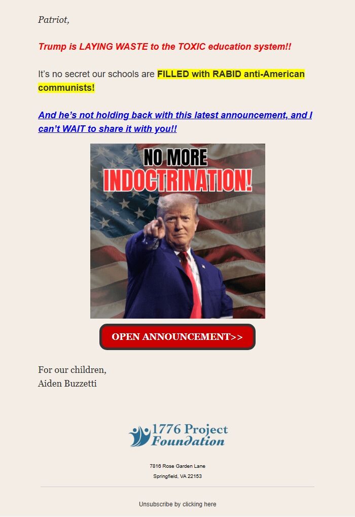 Screenshot of the email generated on import