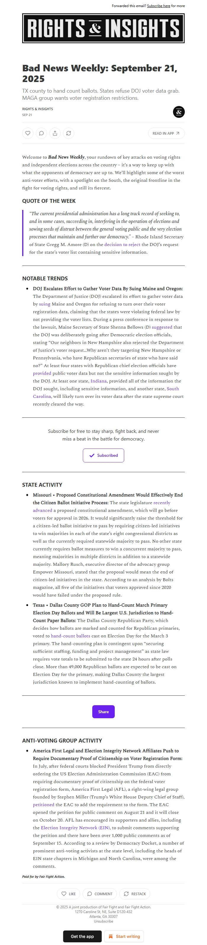 Screenshot of the email generated on import