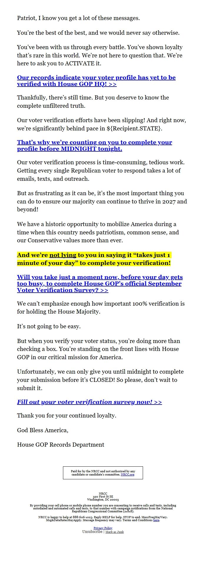 Screenshot of the email generated on import