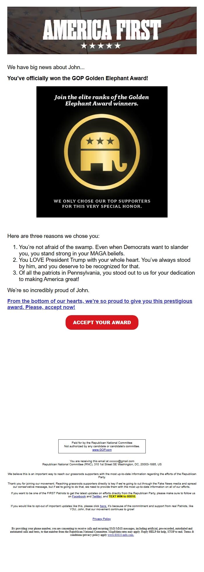 Screenshot of the email generated on import