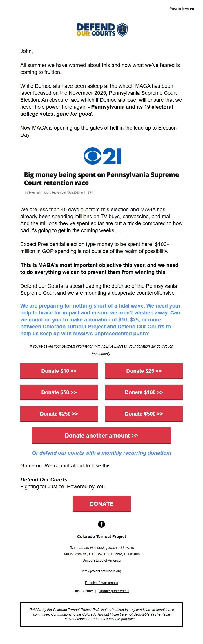 Screenshot of the email generated on import