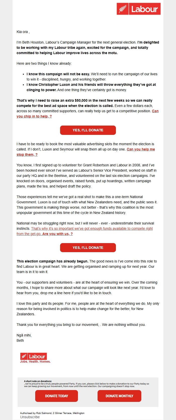 Screenshot of the email generated on import