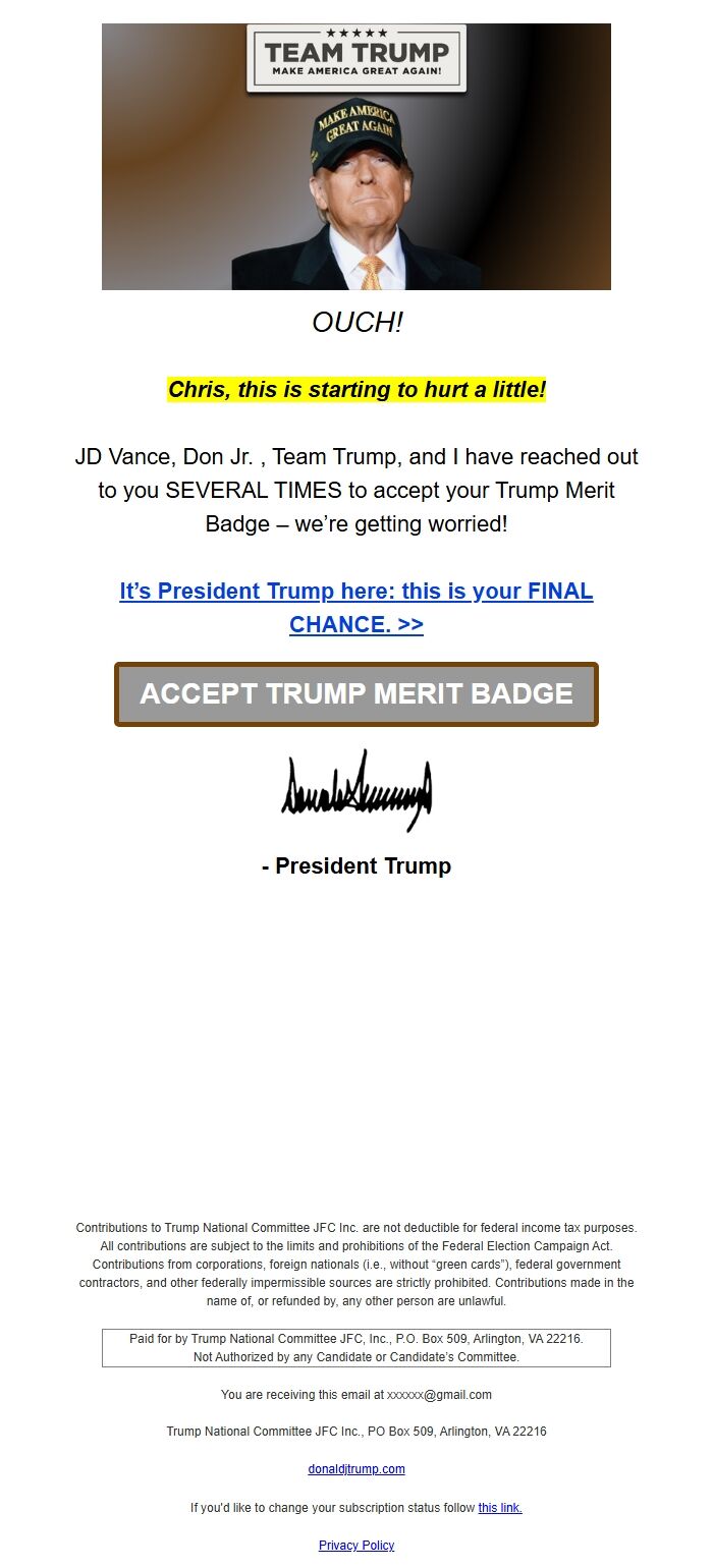 Screenshot of the email generated on import