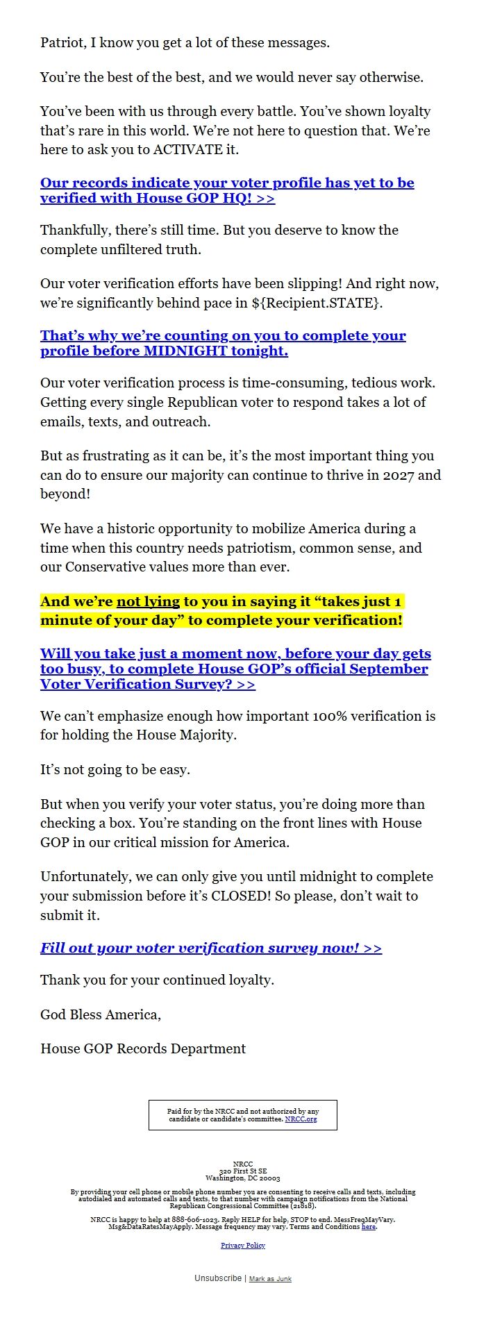 Screenshot of the email generated on import