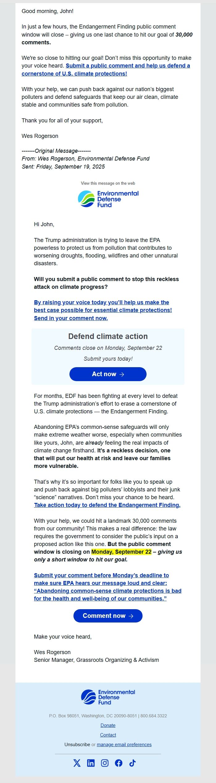 Screenshot of the email generated on import