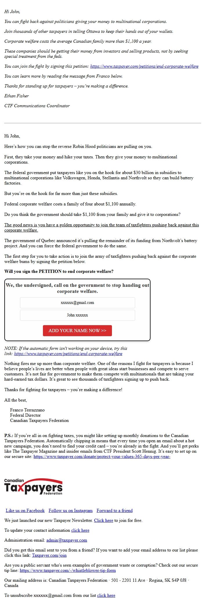 Screenshot of the email generated on import