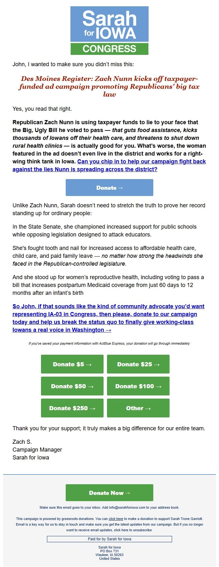 Screenshot of the email generated on import