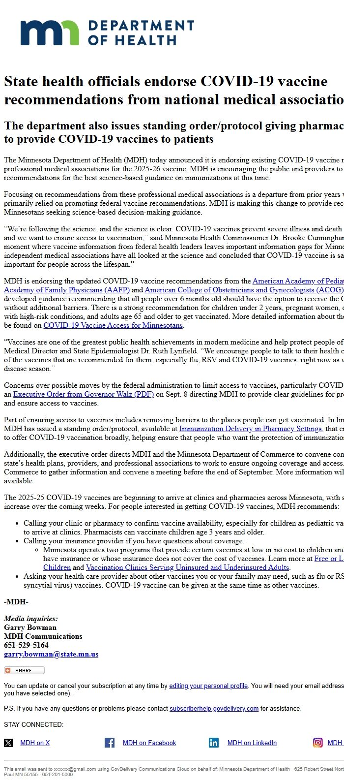 Screenshot of the email generated on import