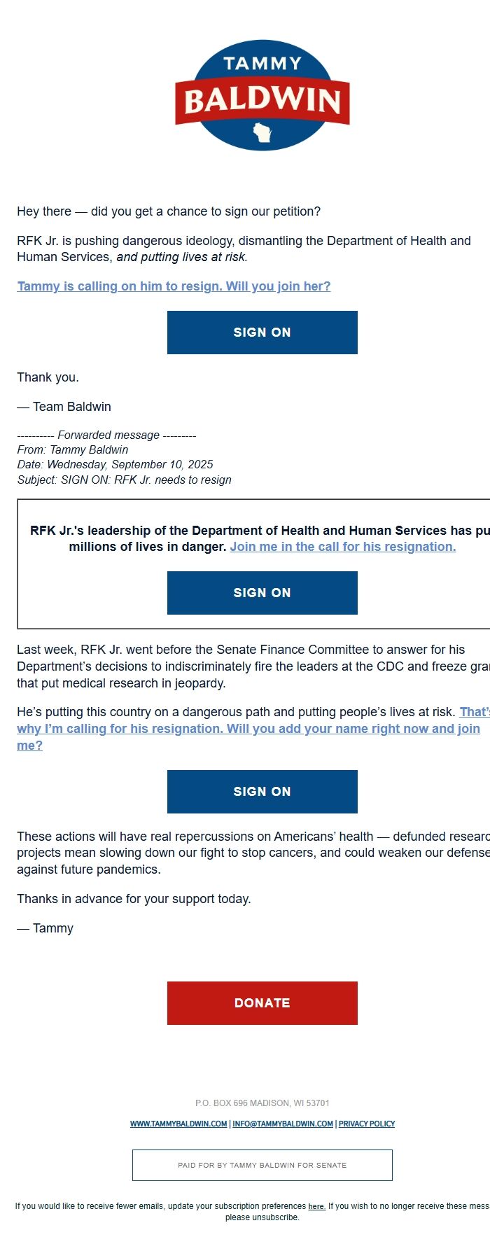 Screenshot of the email generated on import