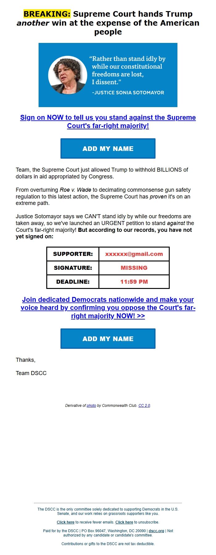 Screenshot of the email generated on import