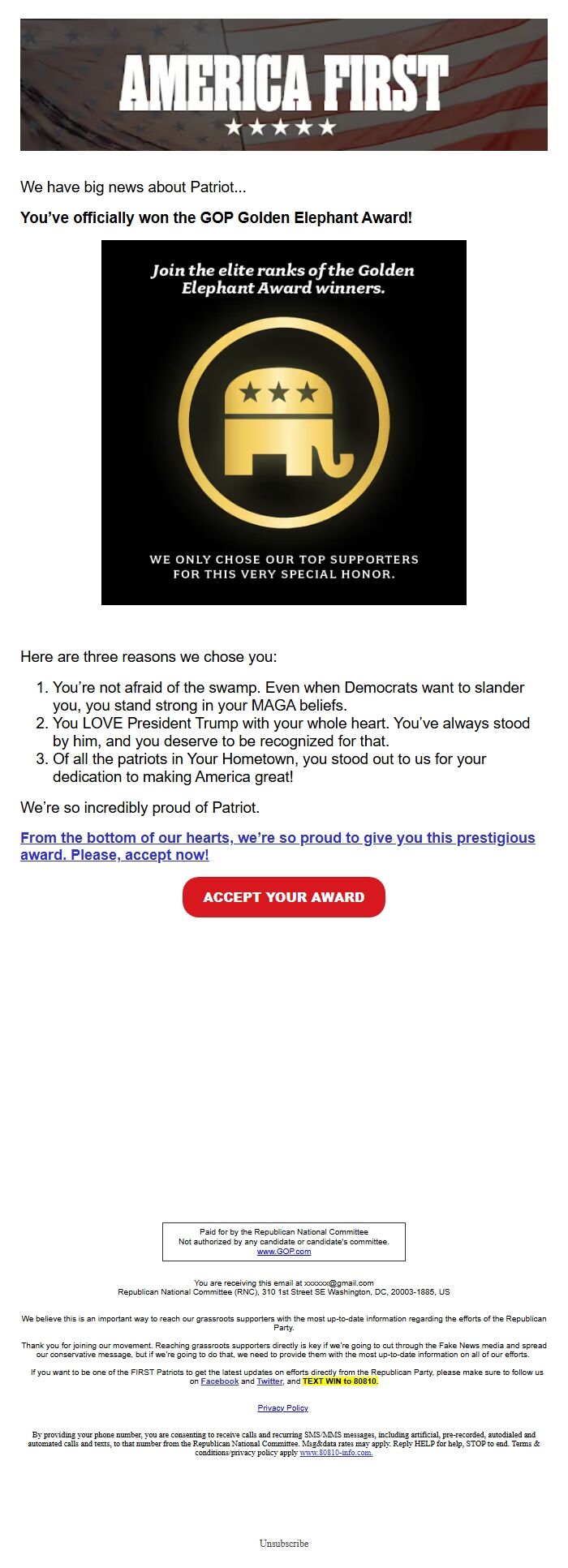 Screenshot of the email generated on import