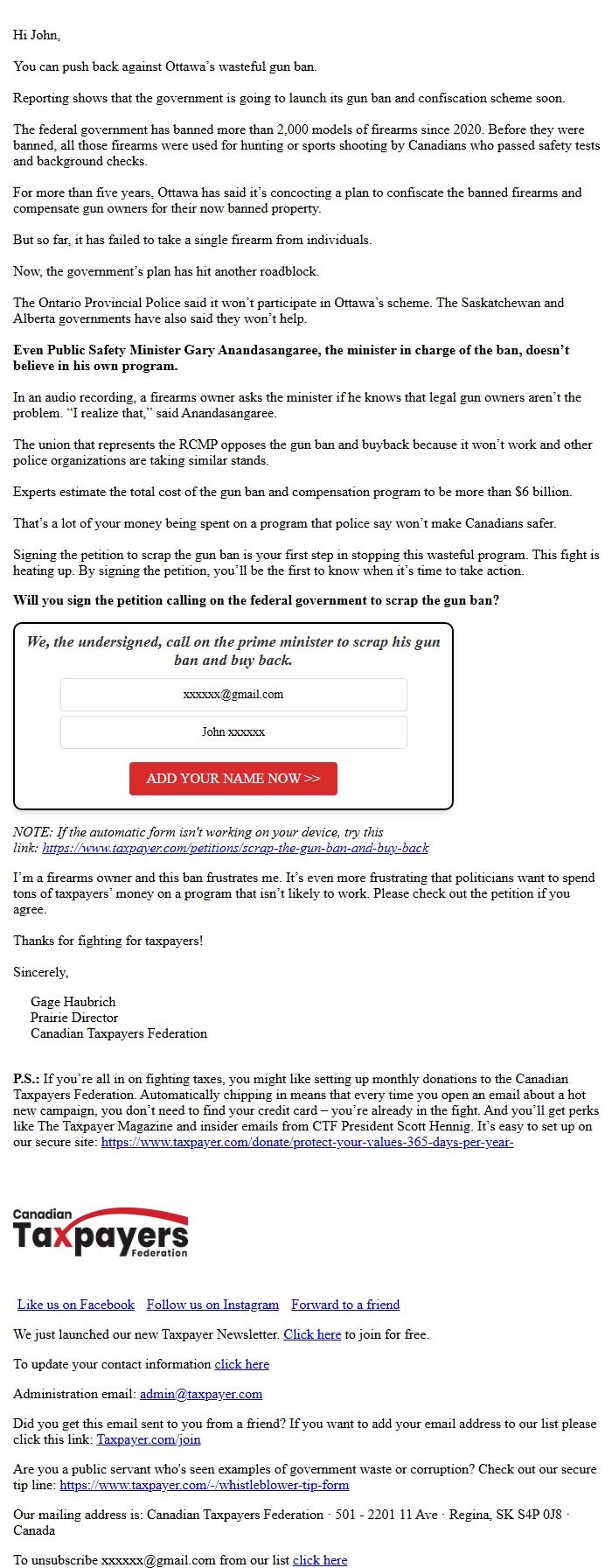 Screenshot of the email generated on import