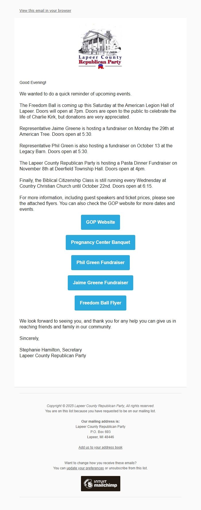 Screenshot of the email generated on import