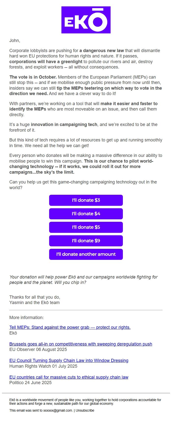 Screenshot of the email generated on import