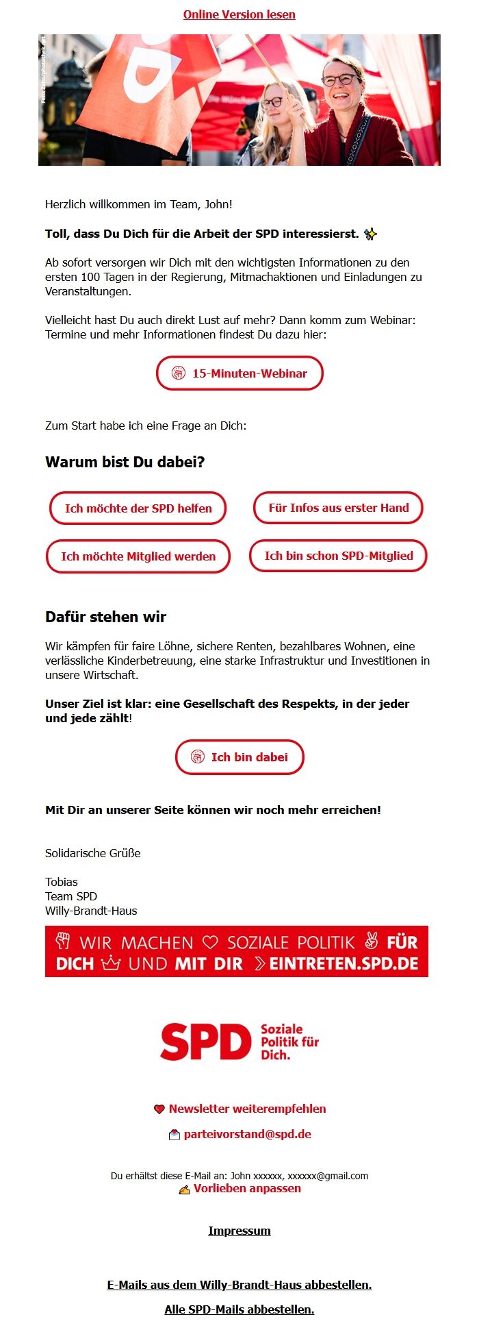 Screenshot of the email generated on import