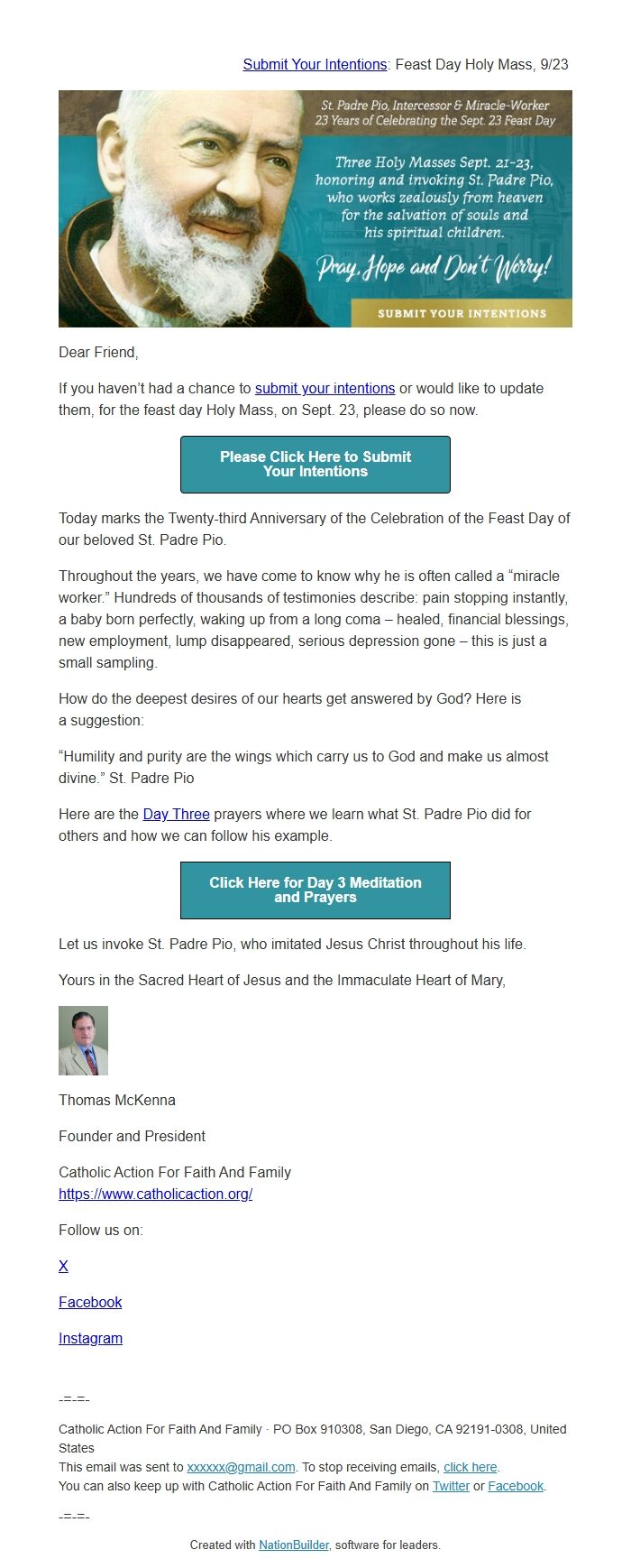 Screenshot of the email generated on import