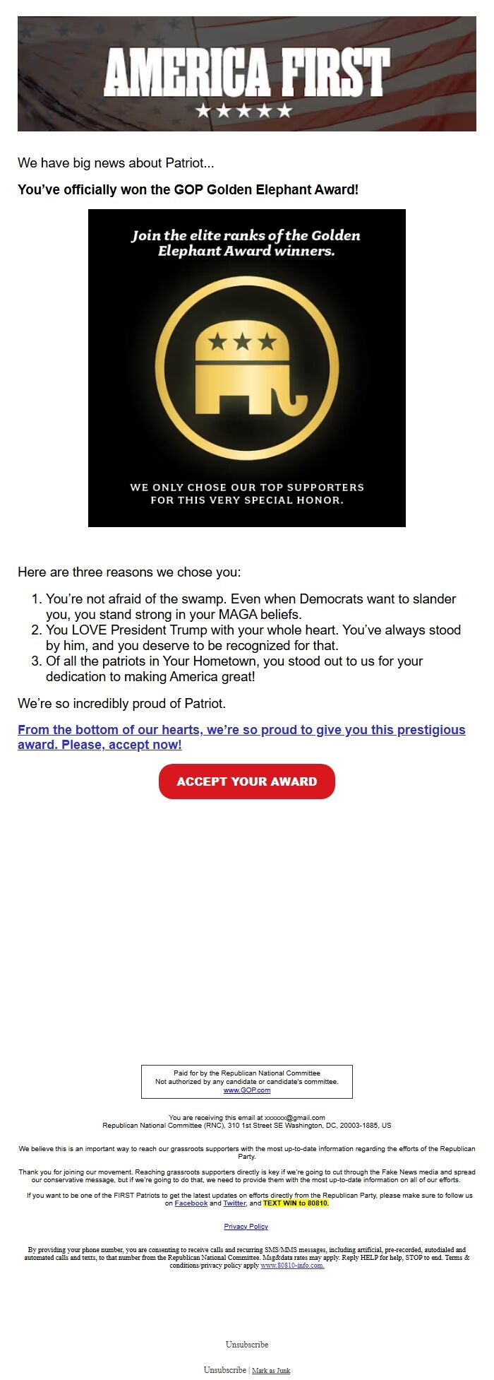 Screenshot of the email generated on import