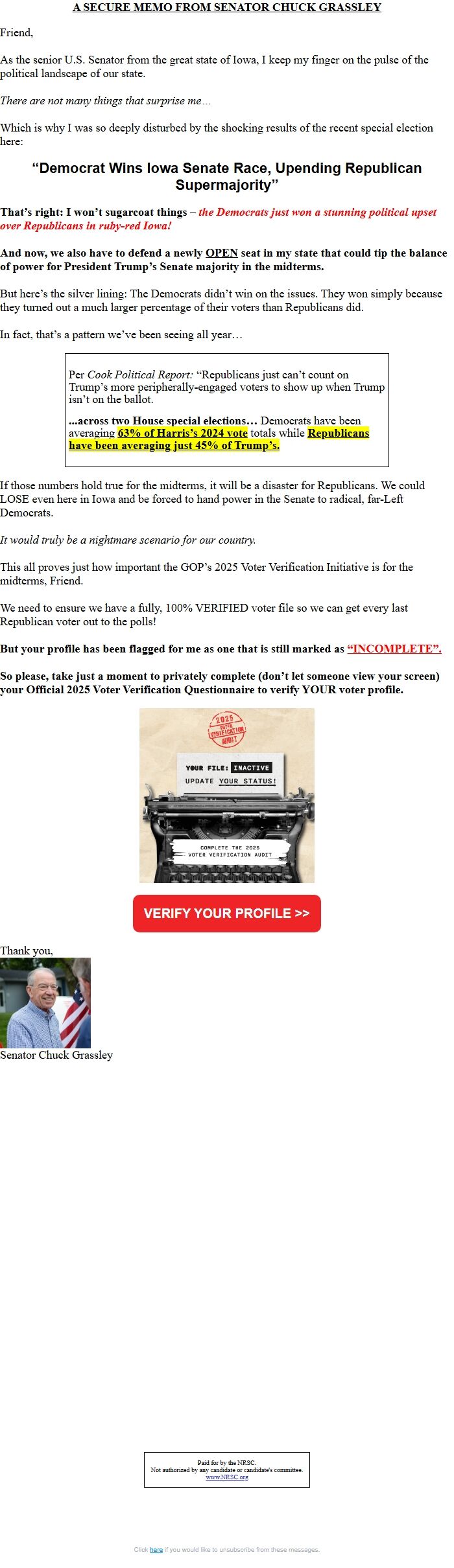 Screenshot of the email generated on import