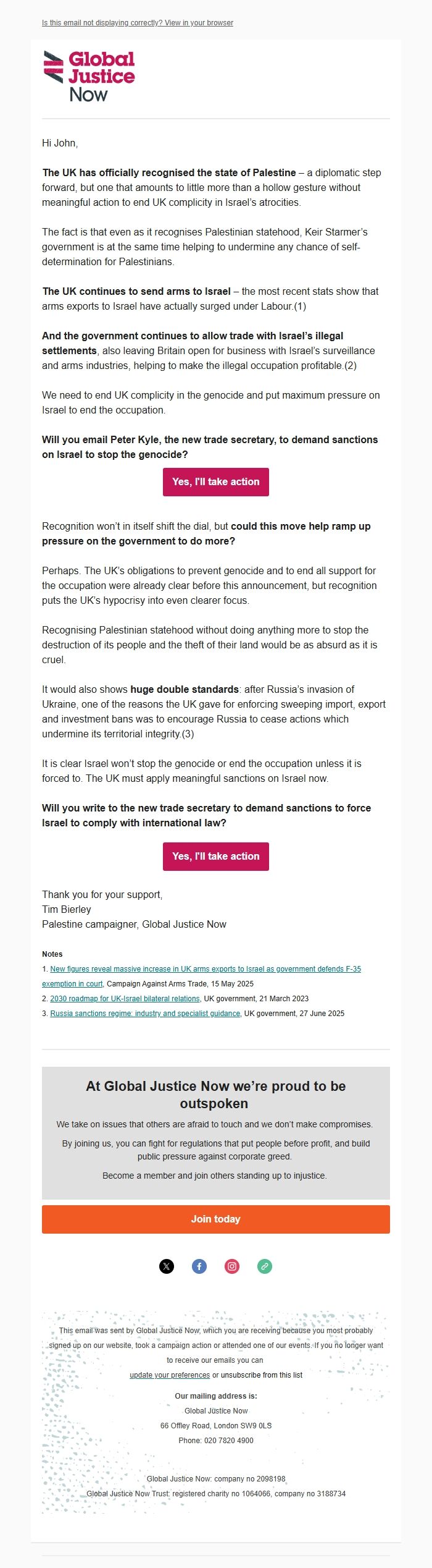 Screenshot of the email generated on import