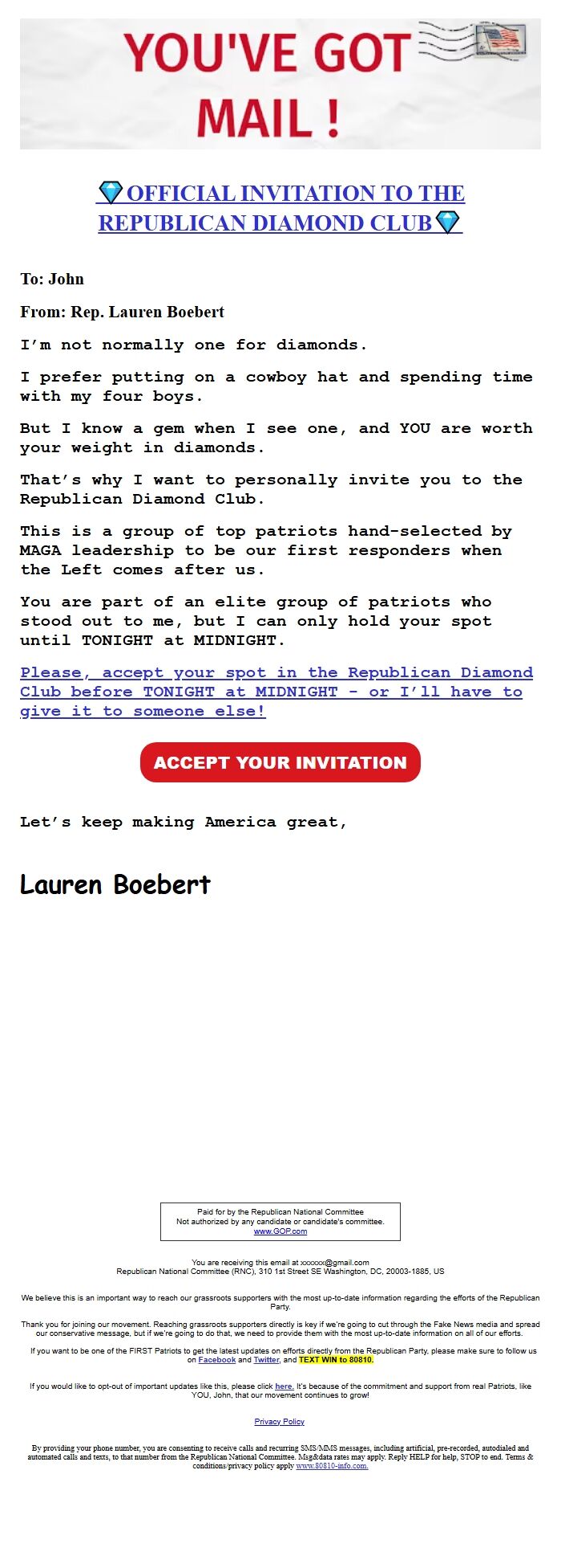 Screenshot of the email generated on import