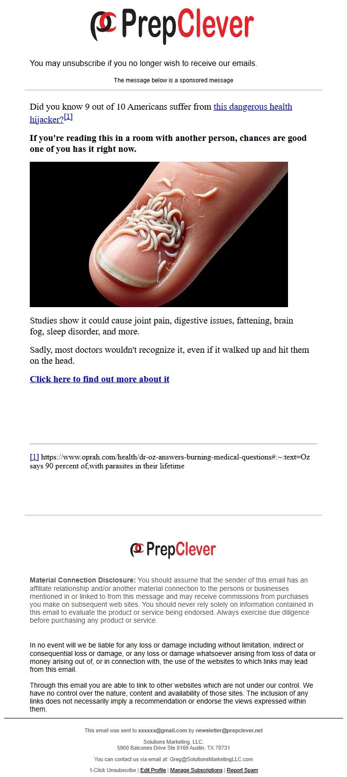 Screenshot of the email generated on import