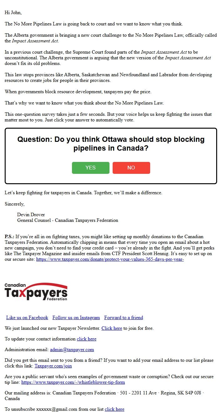 Screenshot of the email generated on import