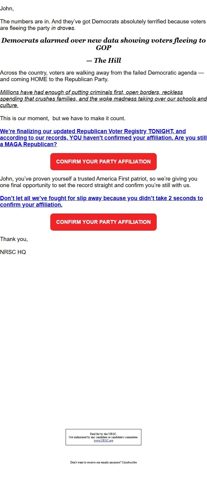 Screenshot of the email generated on import