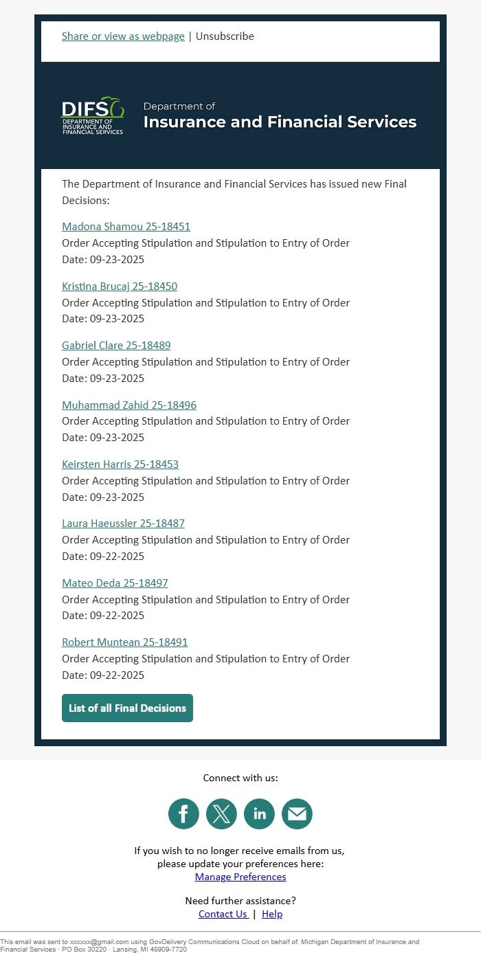 Screenshot of the email generated on import