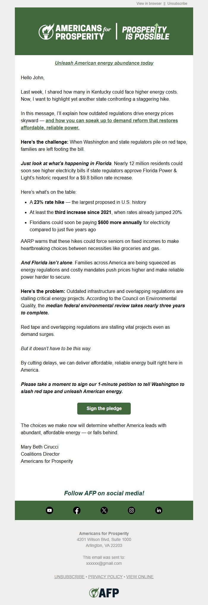 Screenshot of the email generated on import