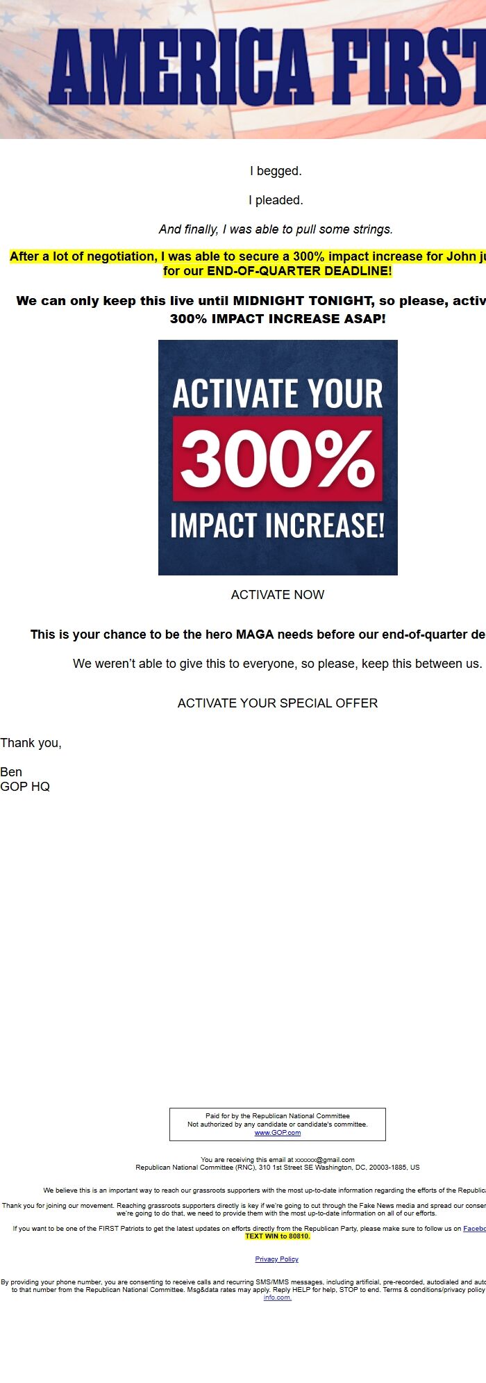 Screenshot of the email generated on import