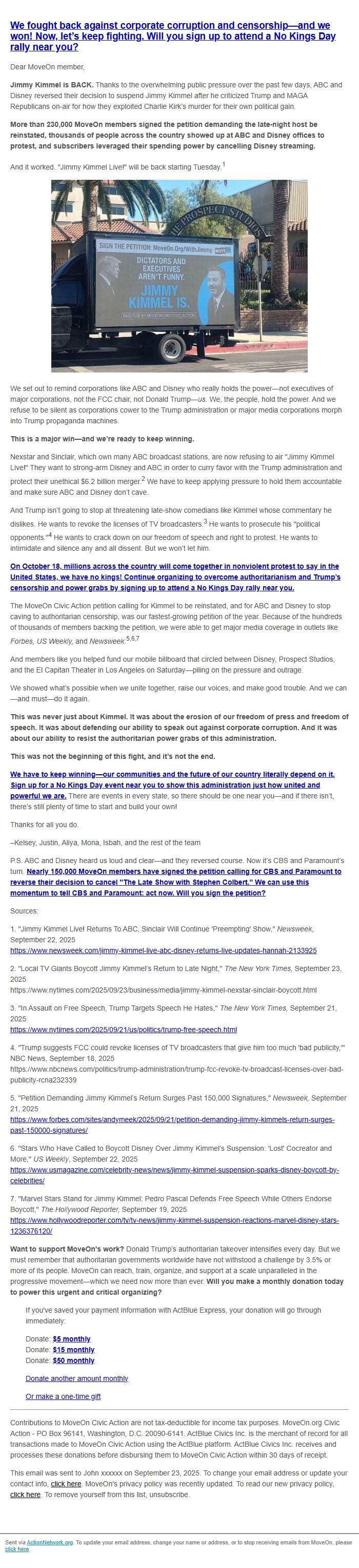 Screenshot of the email generated on import