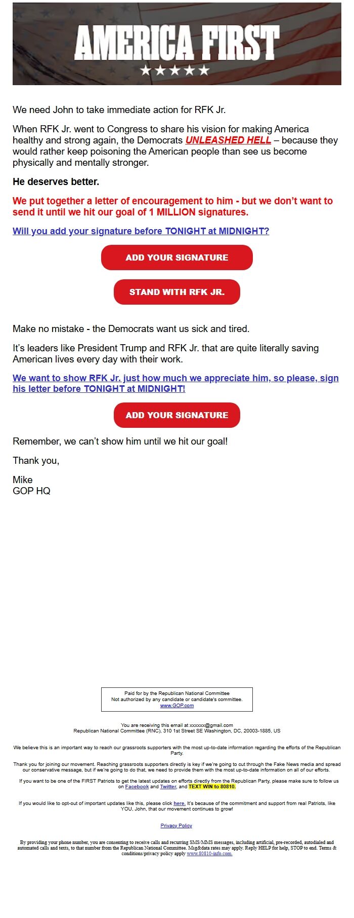 Screenshot of the email generated on import