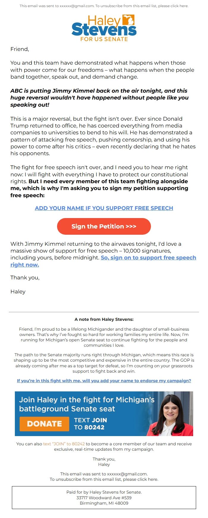 Screenshot of the email generated on import