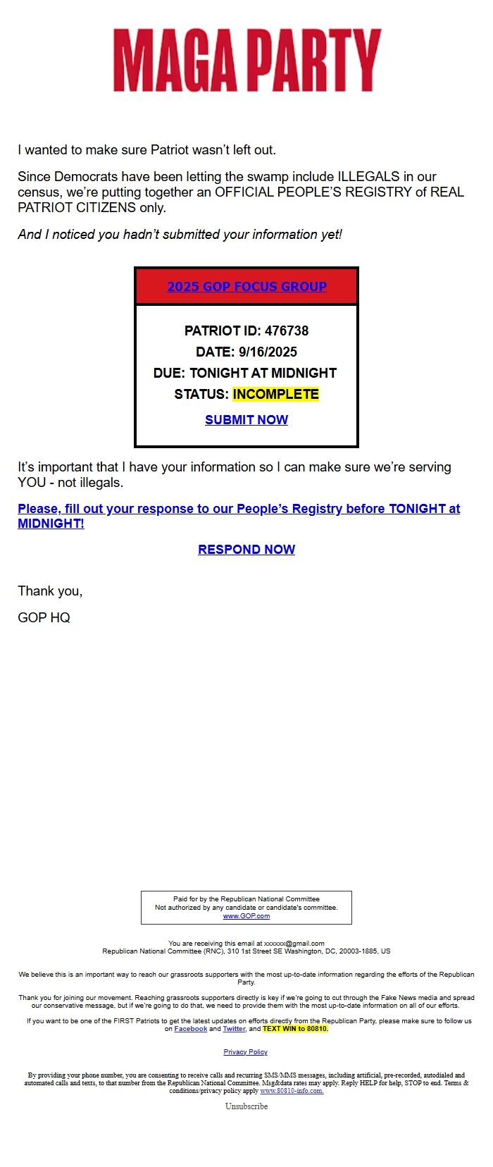 Screenshot of the email generated on import