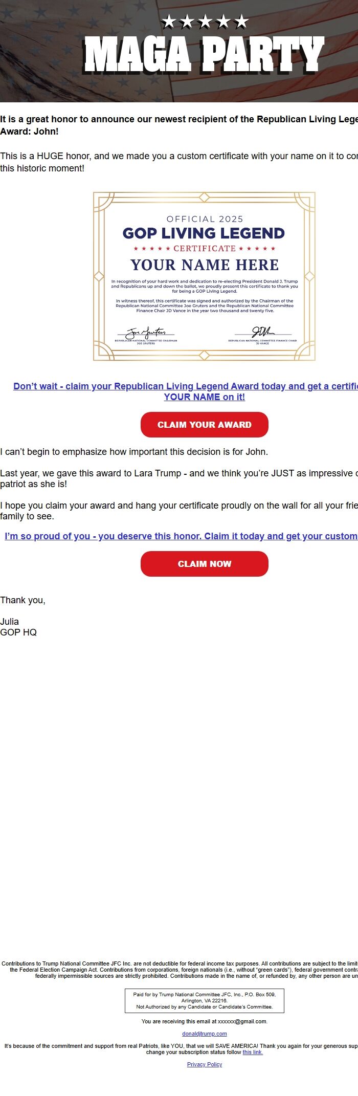 Screenshot of the email generated on import