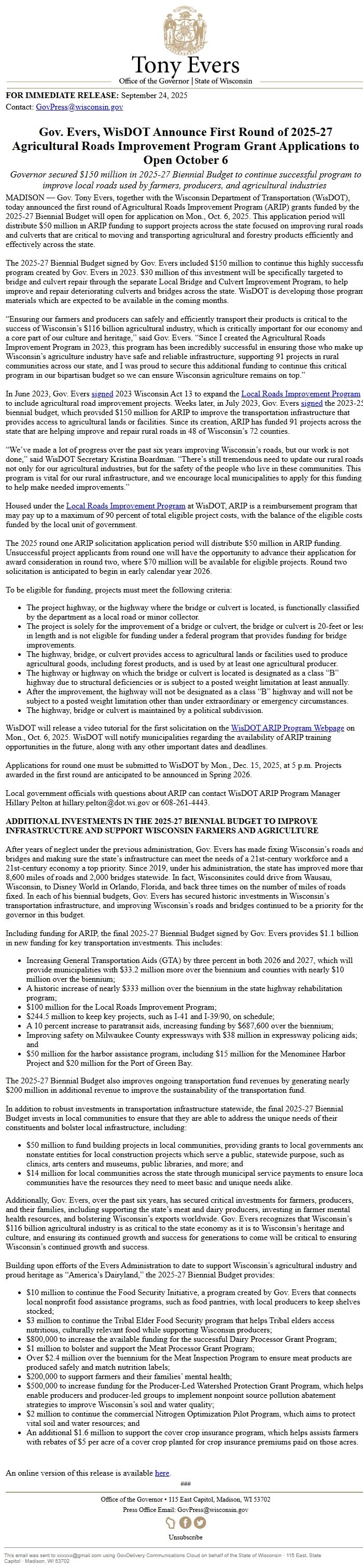 Screenshot of the email generated on import