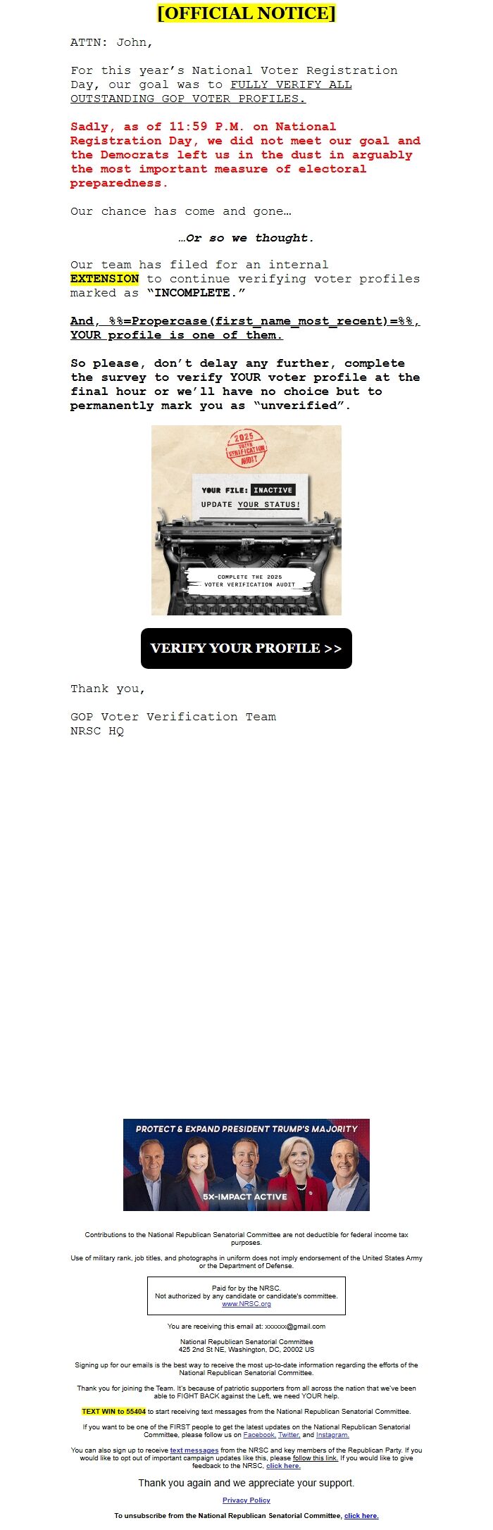Screenshot of the email generated on import