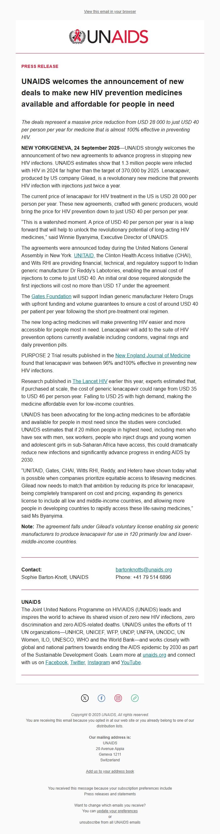 Screenshot of the email generated on import