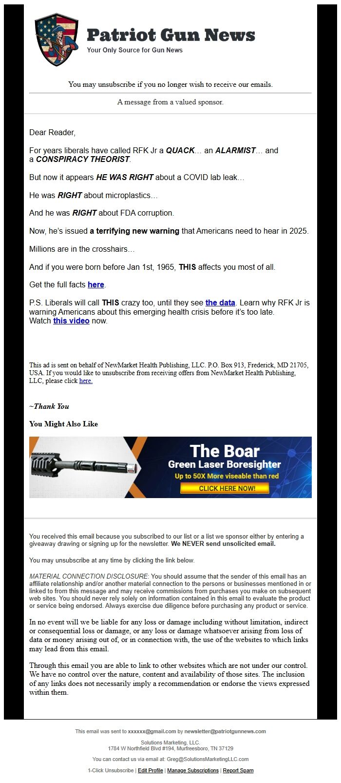 Screenshot of the email generated on import