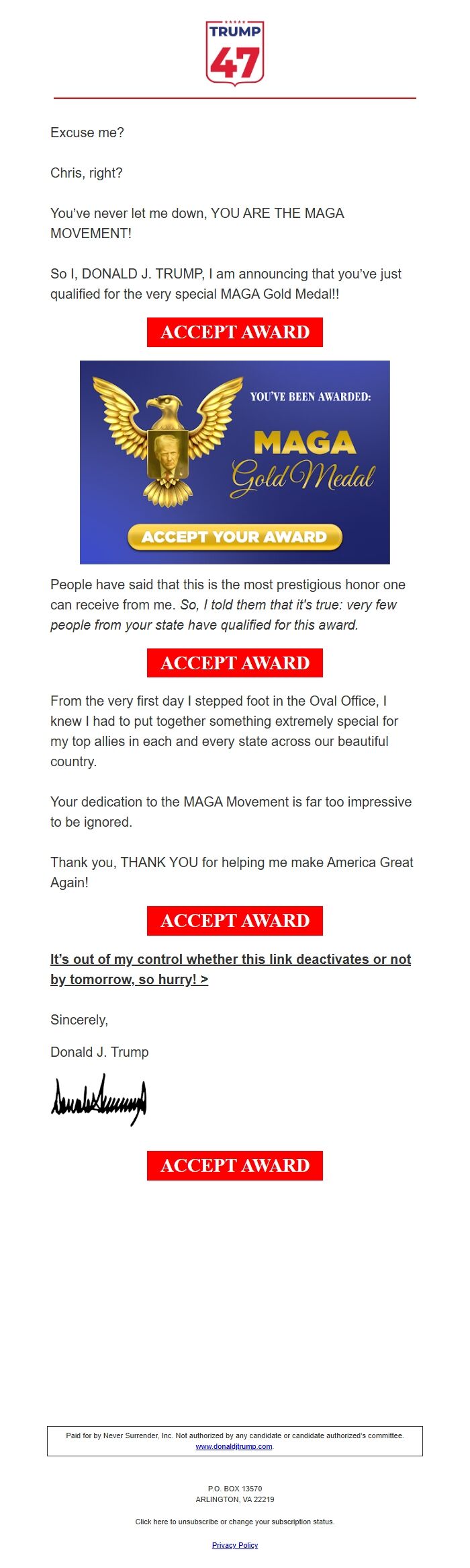 Screenshot of the email generated on import