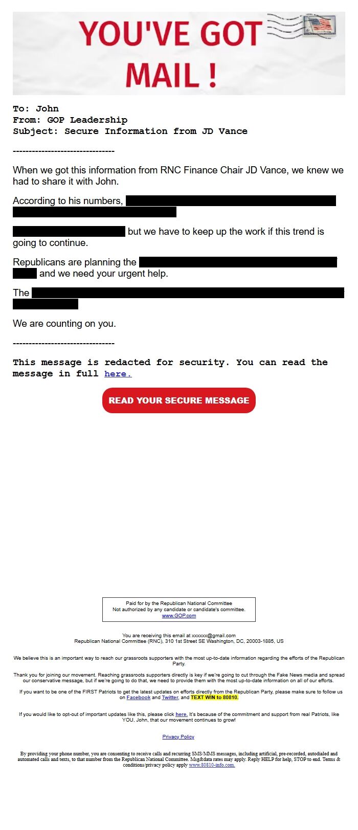Screenshot of the email generated on import