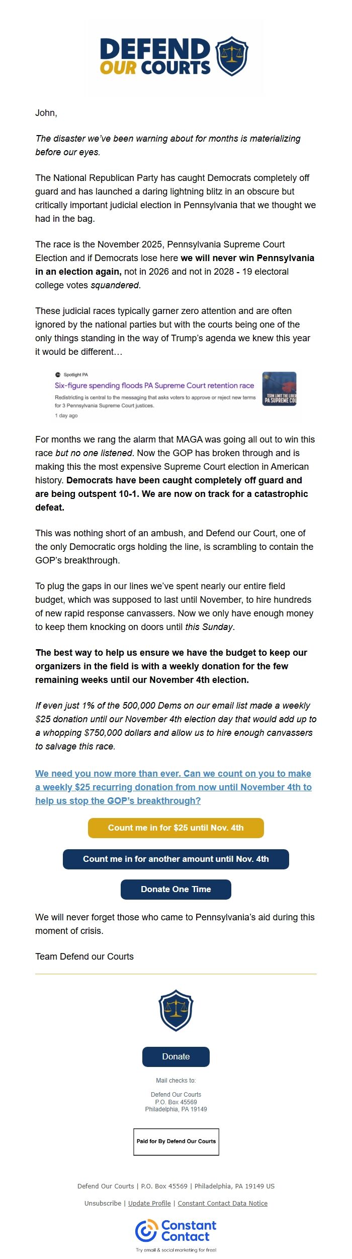 Screenshot of the email generated on import
