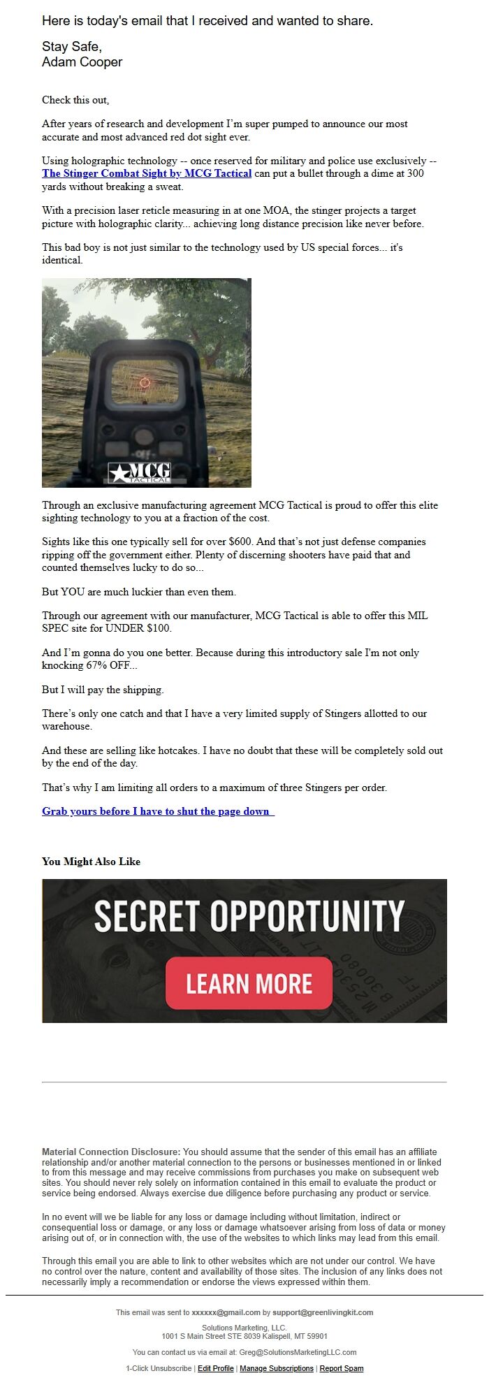 Screenshot of the email generated on import