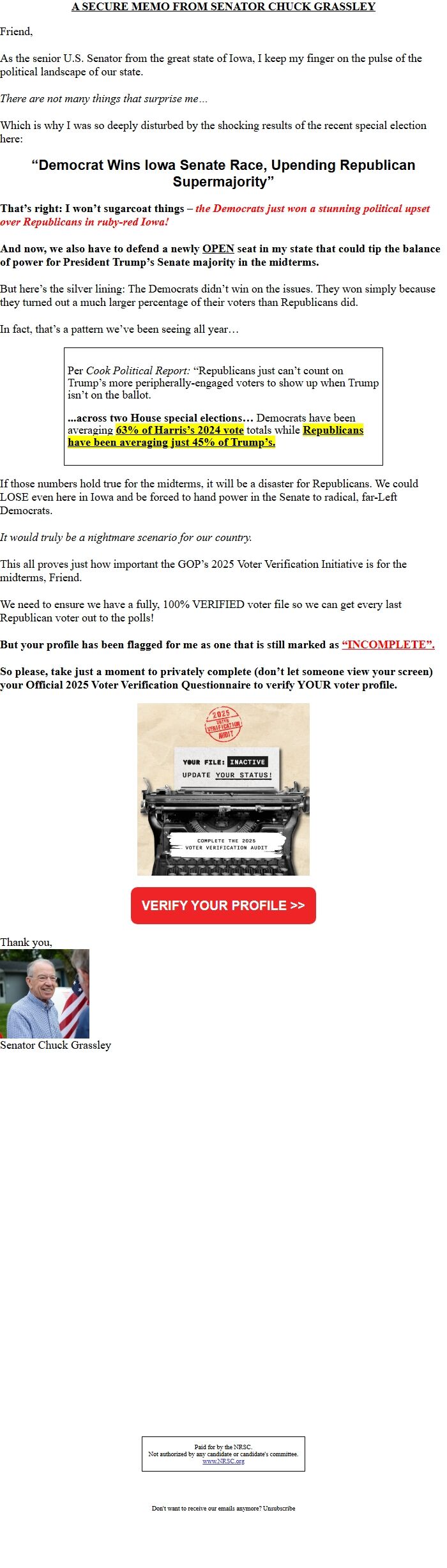 Screenshot of the email generated on import