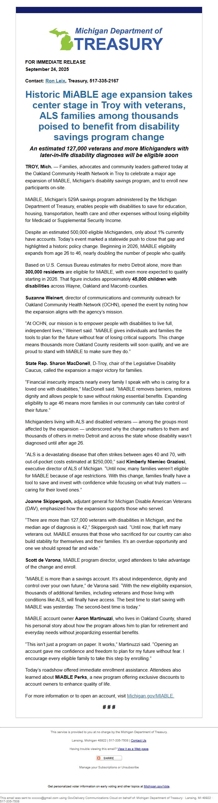 Screenshot of the email generated on import