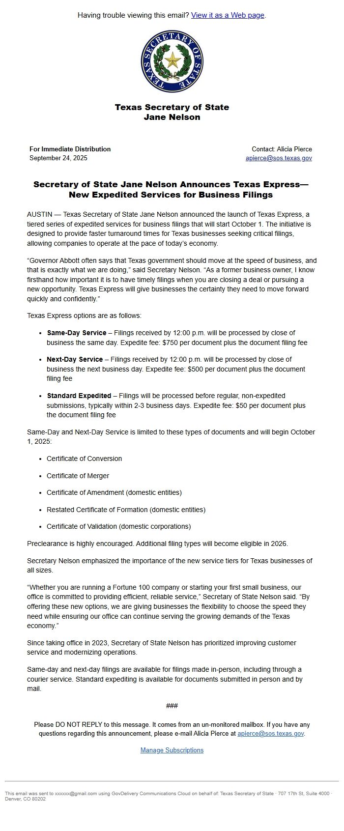 Screenshot of the email generated on import