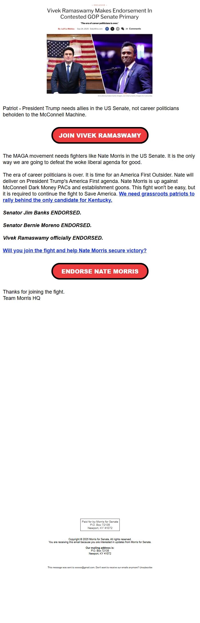 Screenshot of the email generated on import
