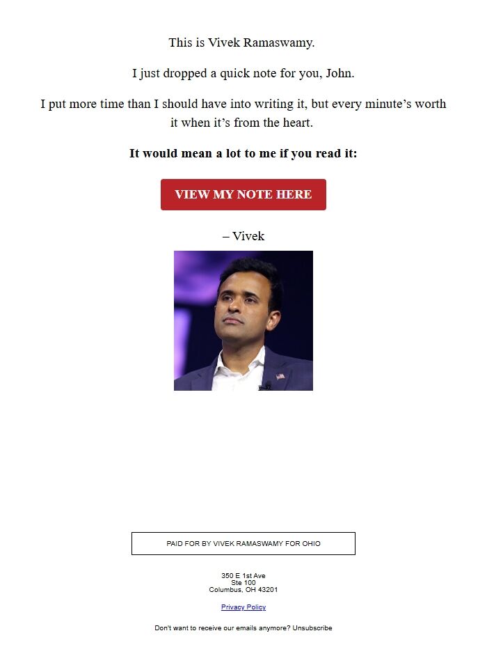 Screenshot of the email generated on import