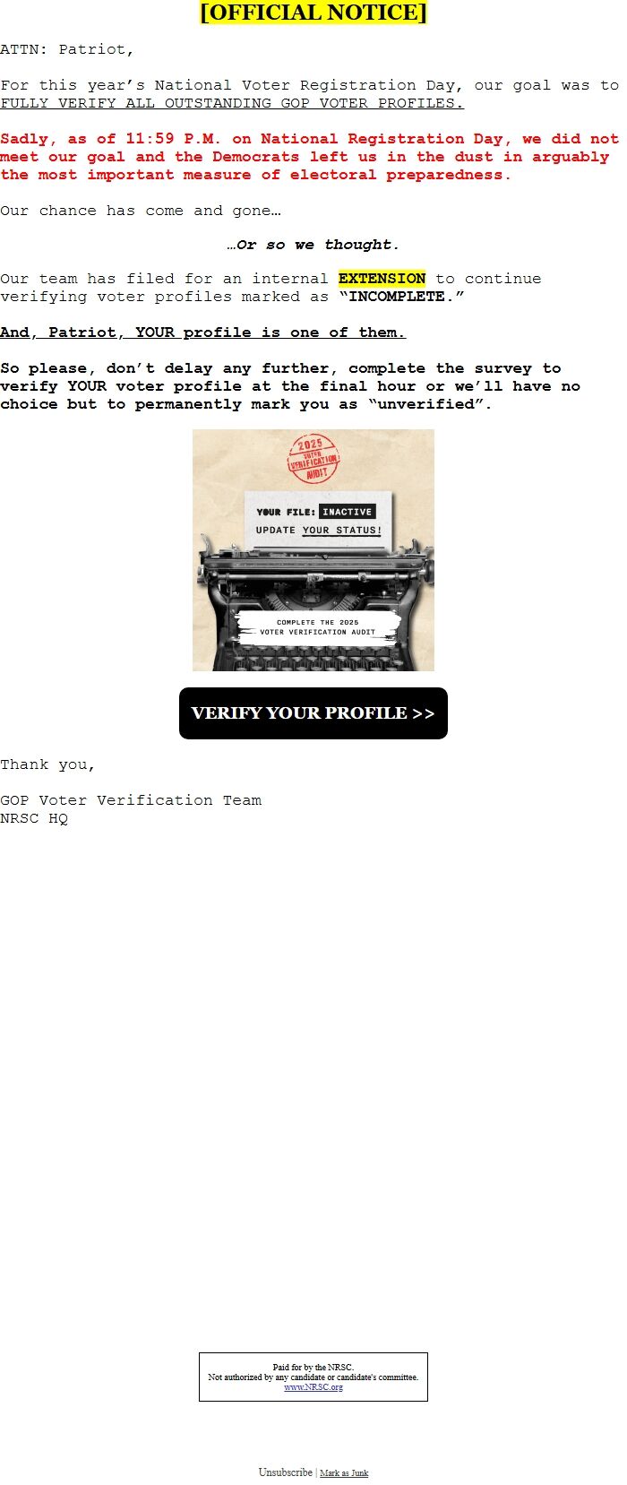 Screenshot of the email generated on import