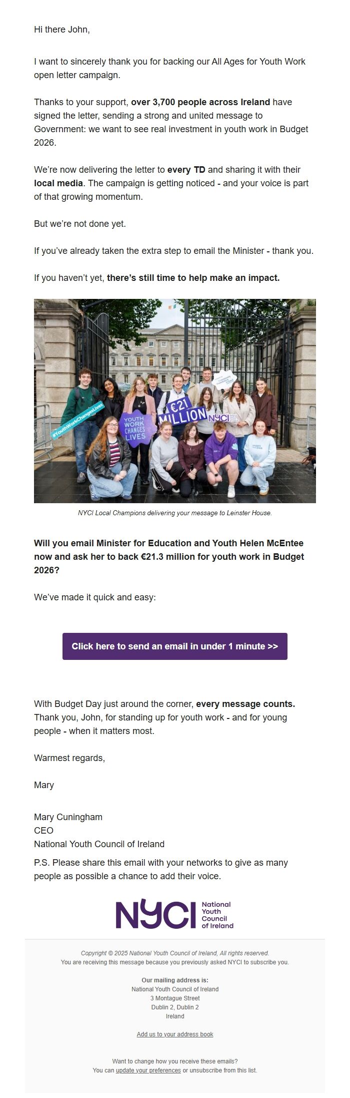 Screenshot of the email generated on import